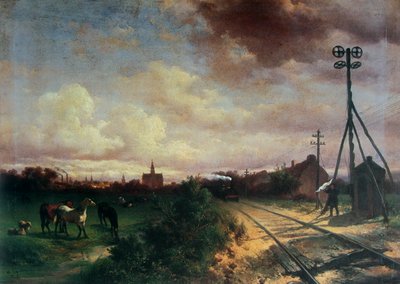 Feld mit Pferden, einem Zug und einem Signalgeber mit Fahne von Wouterus Verschuur